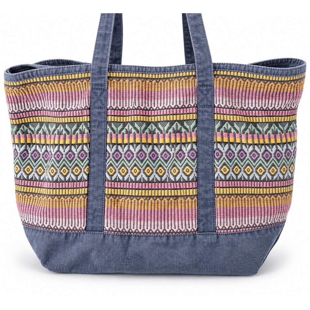Large Boho Woven Tote Bag Purple/Blue Cotton India Embroidered Geometric 20"